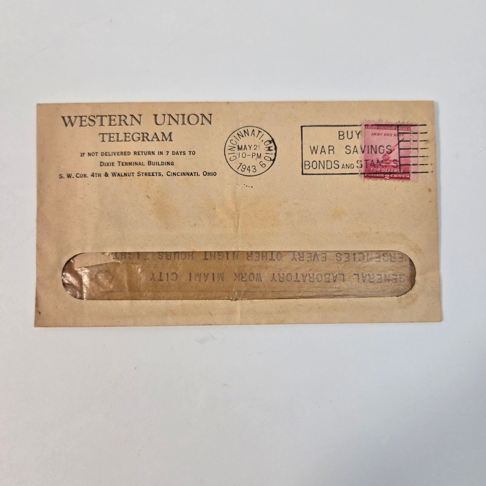 Vintage 1943 Western Union Telegram WWII Era Job Offer Miami City Hospital Ohio